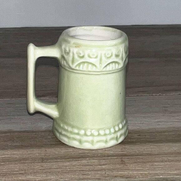 Original Vtg Mini Vase Green Ceramic Pottery Pitcher Toothpick Holder Marked - Picture 1 of 8